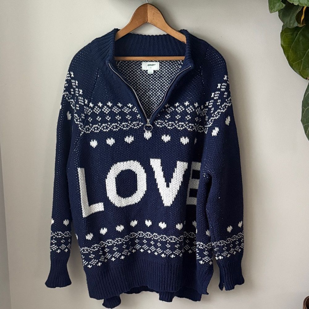 Aerie Festive Feels Quarter Zip Sweater Blue LOVE Cozy Cabin Isle Knit Pullover - Picture 4 of 9